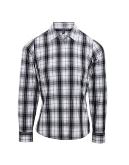 A women's long-sleeve button-up shirt in a black and white check pattern, featuring a logo on the chest.