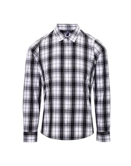 A black and white check flannel button-up shirt with long sleeves and a collar. It features a logo on the chest.