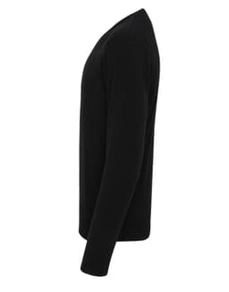 A black essential v-neck sweater displayed from the side, highlighting its slim fit and long sleeves.