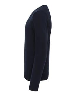 A navy Essential V-Neck Sweater displayed from the side, featuring a simple design and fitted silhouette.