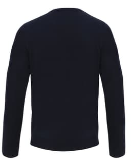 A navy essential v-neck sweater featuring long sleeves and a simple design, with a logo at the back.