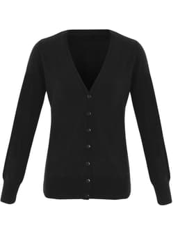 A black women's essential cardigan with a V-neck and button-down front, featuring long sleeves.