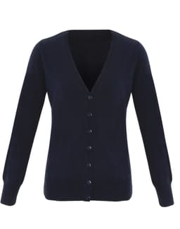 A navy blue women's essential cardigan with a V-neck and button closure, featuring long sleeves.