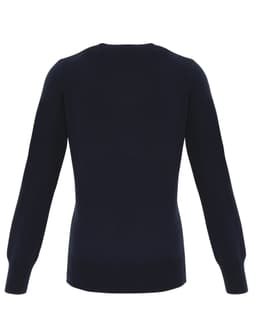 A women's essential cardigan in navy blue, featuring a simple design with long sleeves and a round neckline.