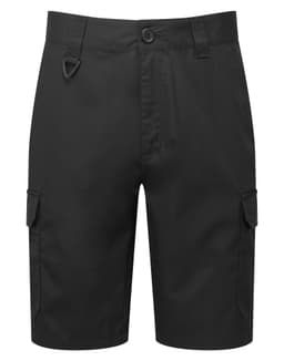 Workwear cargo shorts in black with side pockets and a belt loop detail. Features a button closure and no visible branding.