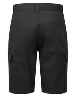 Black cargo shorts featuring side pockets and a back pocket, designed for workwear. Includes a logo.