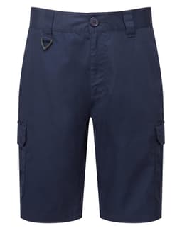 Navy blue cargo shorts featuring side pockets and a belt loop. The shorts have a button closure and a branding logo.
