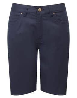 Navy women's performance chino shorts with a classic design, featuring pockets and a button closure.