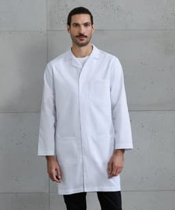A white, three-pocket lab coat worn by a male model, featuring a logo on the chest area.