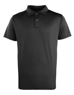 A black polo shirt featuring a classic collar and three buttons, with a logo on the chest.