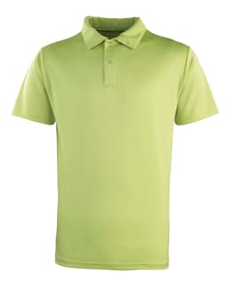 A light green polo shirt with a two-button collar and a logo on the chest.