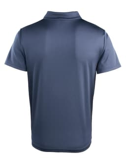 A navy blue polo shirt with a classic collar and short sleeves, featuring a logo on the back.