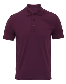 A maroon pique polo shirt with a three-button placket and short sleeves. It features a logo on the chest.