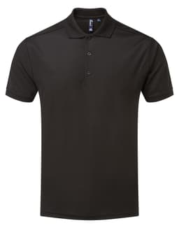 A black polo shirt featuring a collar, three buttons, and a discreet logo on the chest.