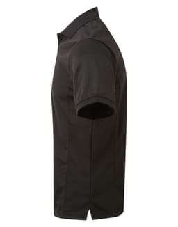 A black polo shirt displayed from the side, featuring short sleeves and a collar, with a logo present.
