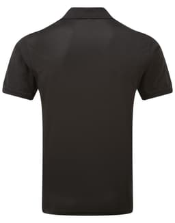 A black polo shirt with a classic pique fabric and a collar, featuring a logo on the front.