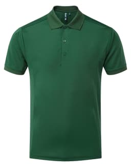 A green polo shirt featuring a collar and three buttons, with a logo on the chest.