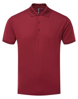 A maroon polo shirt featuring a three-button placket and a logo on the chest. Suitable for workwear.