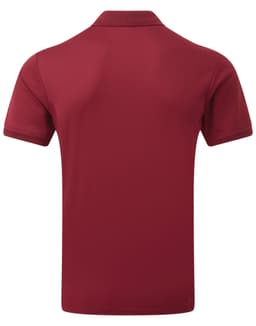 A maroon polo shirt with a classic collar and short sleeves, featuring a logo on the back.
