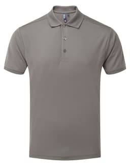 A grey polo shirt featuring a classic collar, three buttons, and a branding logo. Ideal for workwear settings.