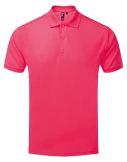 A pink polo shirt with a classic collar and three buttons, featuring a logo.