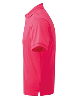 A pink polo shirt with short sleeves and a collar, featuring a logo on the chest area.