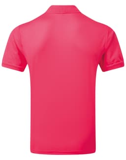 A vibrant pink polo shirt with a classic collar, featuring a logo on the back.