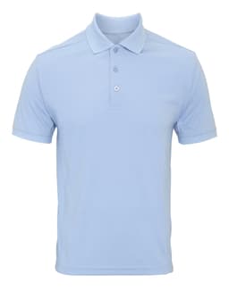 A light blue polo shirt with a classic collar and three buttons, featuring a logo on the chest.