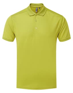 A bright lime green polo shirt with a collar and buttons, featuring a logo on the chest.
