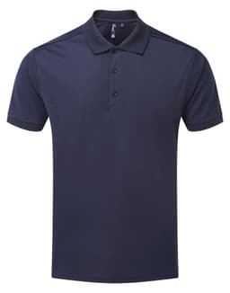 A navy blue polo shirt with a collar, short sleeves, and a button-down front. It features a logo on the chest.