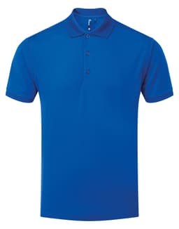 A royal blue polo shirt featuring a collar and three buttons, with a logo on the chest.