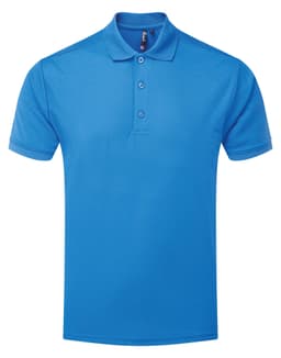 A bright blue polo shirt with a classic collar and three buttons, featuring a small logo.