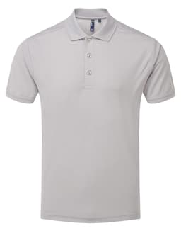 A light grey polo shirt with a collar, three buttons, and a logo on the chest. Simple and stylish workwear.