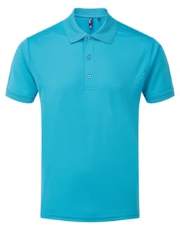 A turquoise polo shirt with a collar, three buttons, and a small logo on the chest. Suitable for workwear.