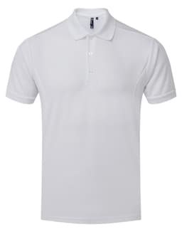 A white short-sleeved polo shirt with a collar and buttons, featuring a logo. Ideal for workwear or casual use.