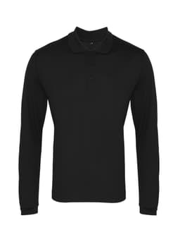 A black long-sleeved polo shirt with a classic collar and buttons, featuring a logo.