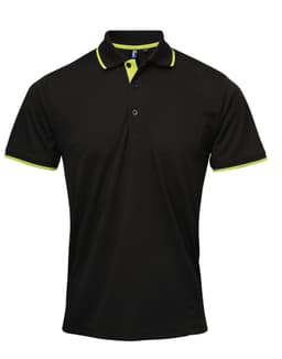 A black polo shirt with lime green accents and a logo on the collar.