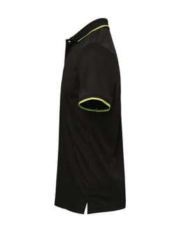 A black polo shirt with short sleeves and contrasting green trim, featuring a logo.