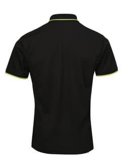 A black polo shirt featuring contrasting green trim and a logo on the back. Suitable for casual or sporty wear.