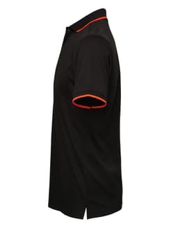 A black polo shirt with contrasting orange detailing on the collar and sleeves. It features a logo on the chest.