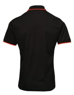 A black polo shirt featuring contrasting red piping and a collar, with a logo on the chest.