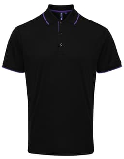 A black polo shirt featuring contrasting purple trim and a collar, with a logo on the chest.