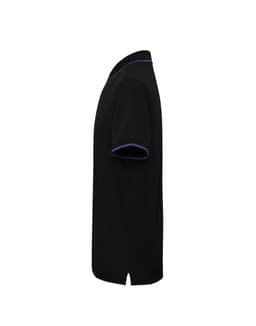 A black polo shirt with purple trim, featuring a logo on the side.