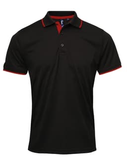A black polo shirt with red accents and a logo on the chest area. Short sleeves and a classic collar design.