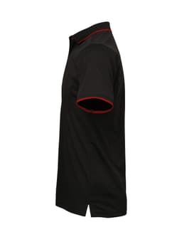 A black polo shirt with red accent details and a logo, displayed from the side.