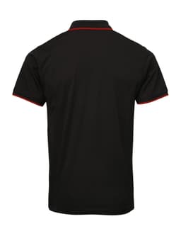 A black polo shirt with red trim and a logo on the chest, viewed from the back.