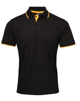 A black polo shirt with yellow collar and sleeve detailing. It features three buttons and has a logo.