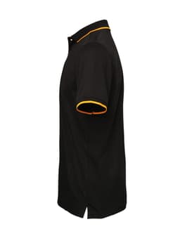 A black polo shirt with orange trim and a logo, featuring a classic collar and short sleeves.
