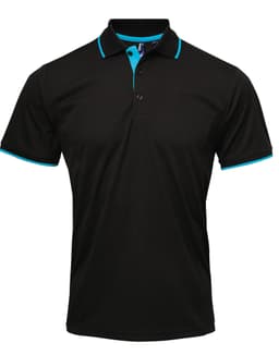 A black polo shirt with turquoise accents and a logo on the chest. Short sleeves and a classic collar design.