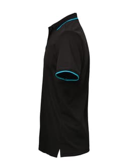 A black polo shirt with turquoise accents on the collar and sleeves, featuring a logo.
